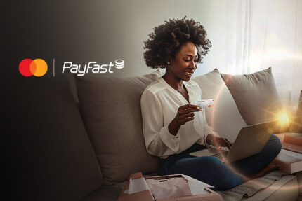 Mastercard and PayFast logos next to a lady using her Mastercard to shop online