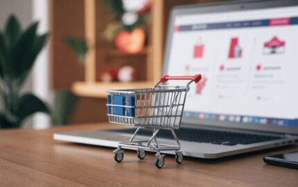 small shopping cart next to a laptop