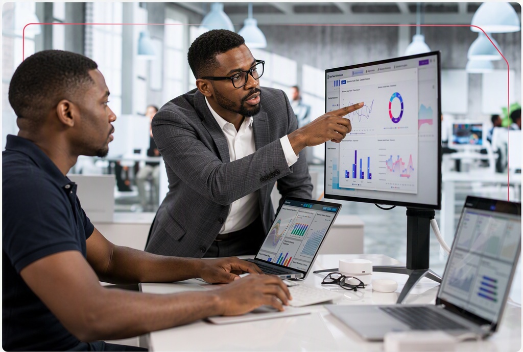 Two men comparing payment gateway pricing models