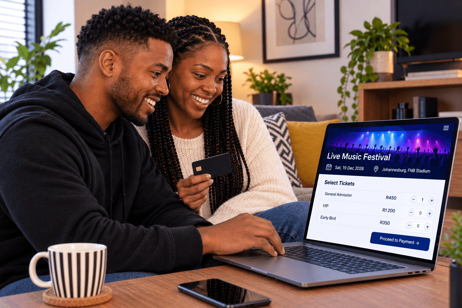 A South African couple buying event tickets online